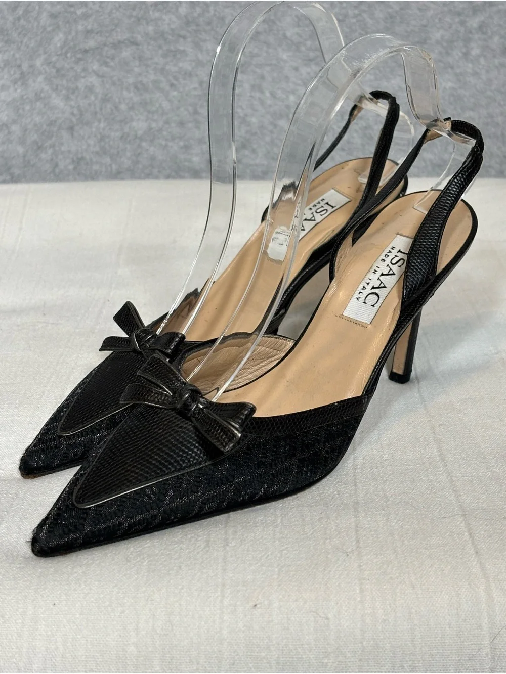 Vintage Isaac Mizrahi Patterned Fabric Slingback Pumps Heels-Black-Women Size 7